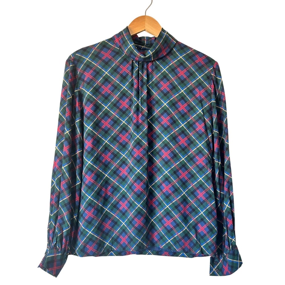 Vintage‎ Plaid Pendleton Mock Neck Long Sleeve Blouse Dark Academia Top S
